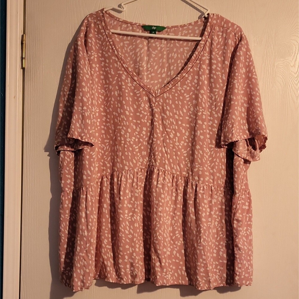 Dip Womens 3X Pink Abstract Dot V-Neck Babydoll Peplum Top Short Sleeve Viscose